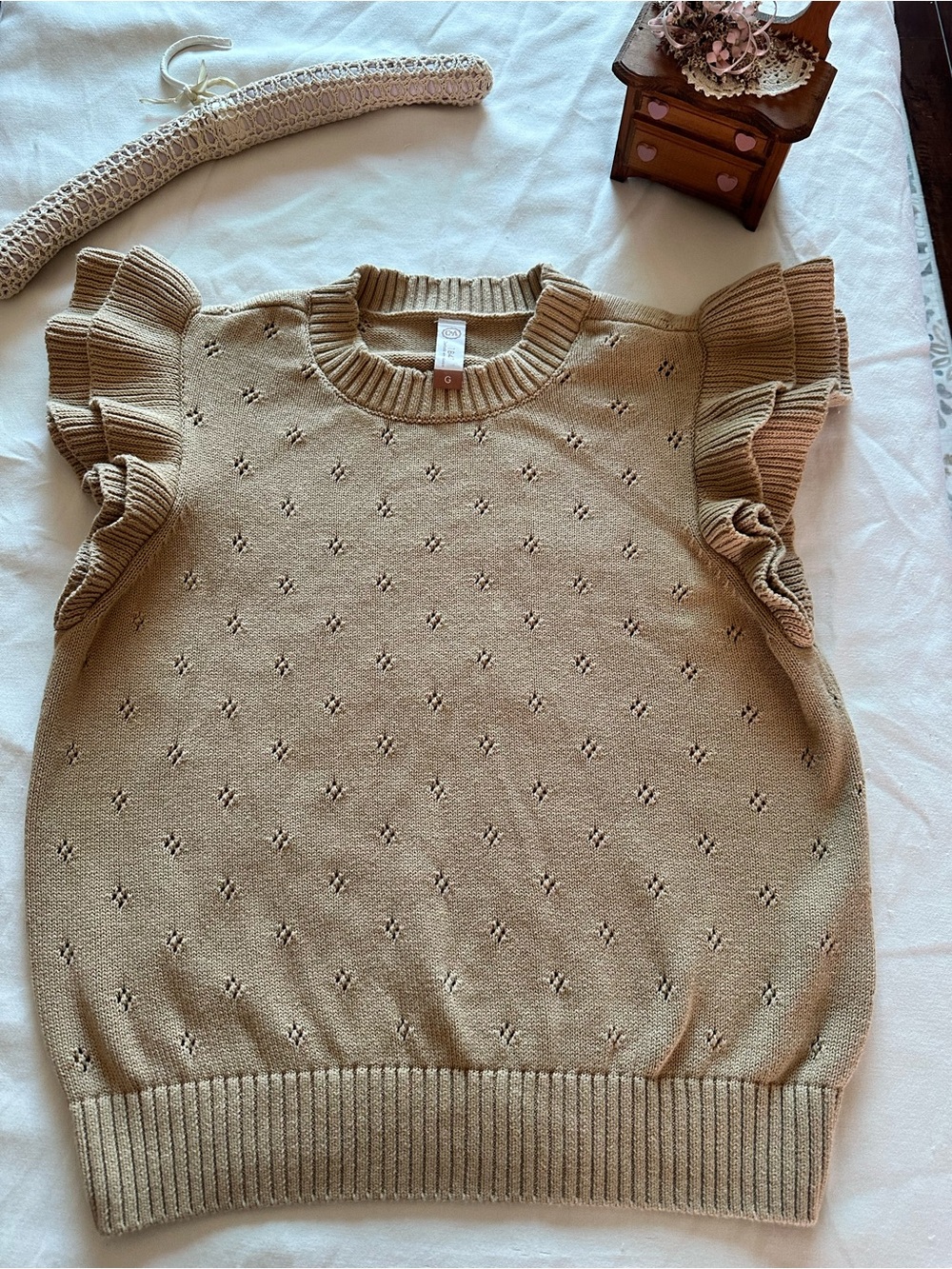 Ruffled Sleeve Pointelle Knit Top in Tan100%cotton